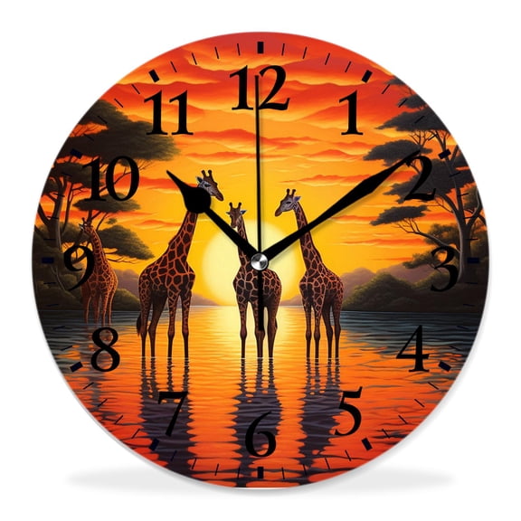 12 Inch Wall Clock Battery Operated Silent Clock Decorative for Office, Kitchen, Outdoor, Living RoomFamily Giraffe Sunset Landscape Nature Scenery Print