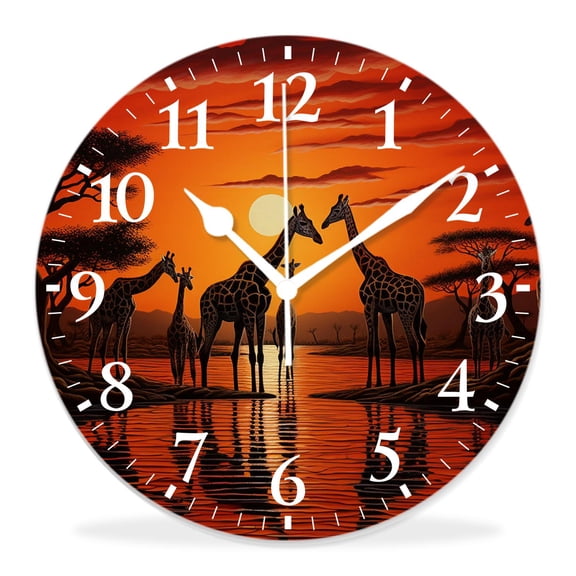 12 Inch Wall Clock Battery Operated Silent Clock Decorative for Office, Kitchen, Outdoor, Living RoomFamily Giraffe Sunset Landscape Nature Scenery Style