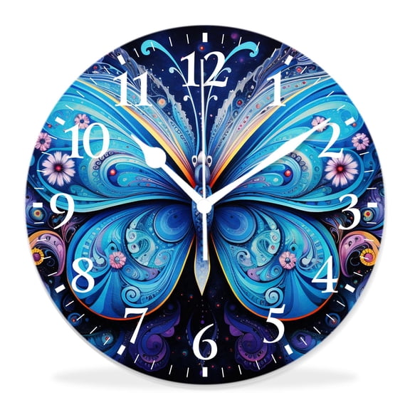 12 Inch Wall Clock Battery Operated Silent Clock Decorative for Office, Kitchen, Outdoor, Living RoomFantasy Butterfly Floral Flower Shiny Sparkle Star Art