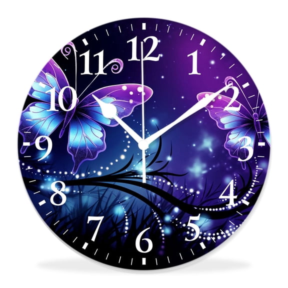 12 Inch Wall Clock Battery Operated Silent Clock Decorative for Office, Kitchen, Outdoor, Living RoomFantasy Butterfly Floral Flower Shiny Sparkle Star Drawing
