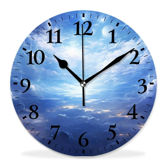 12 Inch Wall Clock Battery Operated Silent Clock Decorative for Office, Kitchen, Outdoor, Living RoomFantasy Night Sky with Moon Falling Stars Clouds Horizon Picture