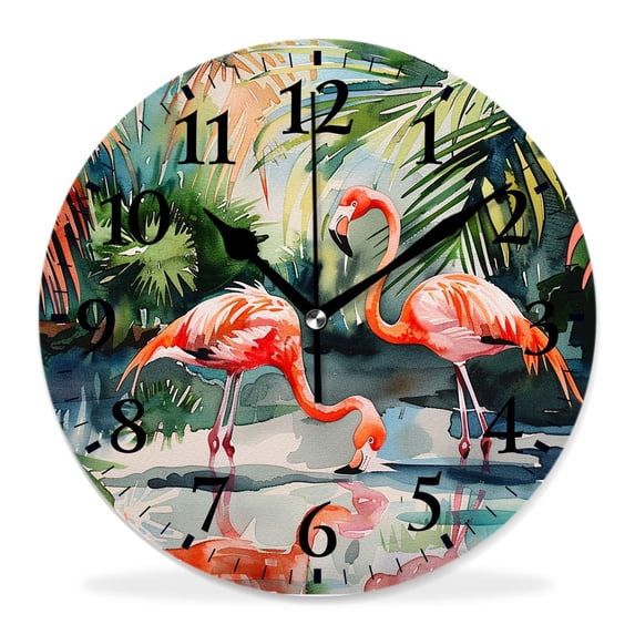 12 Inch Wall Clock Battery Operated Silent Clock Decorative for Office, Kitchen, Outdoor, Living Room，Flamingo Bird Tropical Exotic Watercolor Palm Tree Leaves Amazing