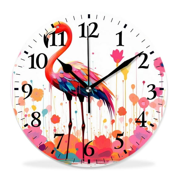 12 Inch Wall Clock Battery Operated Silent Clock Decorative for Office, Kitchen, Outdoor, Living RoomFlamingo on Multicolor Rainbow Colorful Striped Creative