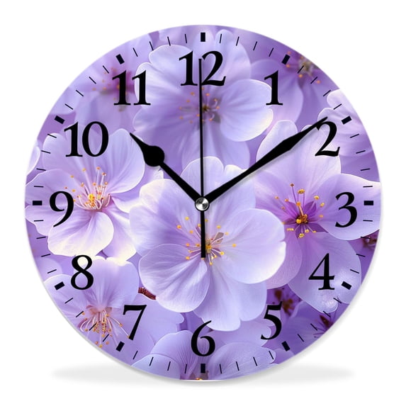 12 Inch Wall Clock Battery Operated Silent Clock Decorative for Office, Kitchen, Outdoor, Living Room,Floral Pattern Purple Little Flowers Bright Elaborate
