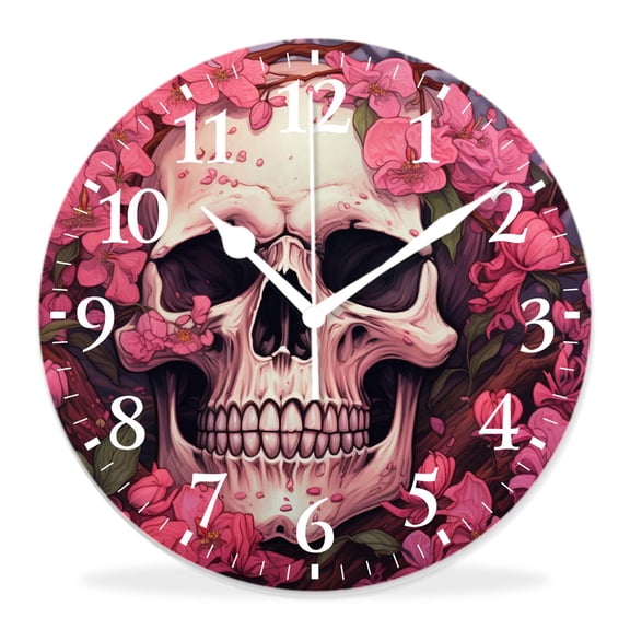 12 Inch Wall Clock Battery Operated Silent Clock Decorative for Office, Kitchen, Outdoor, Living Room，Floral Print Day of The Dead Skull Boho Chic Elegant