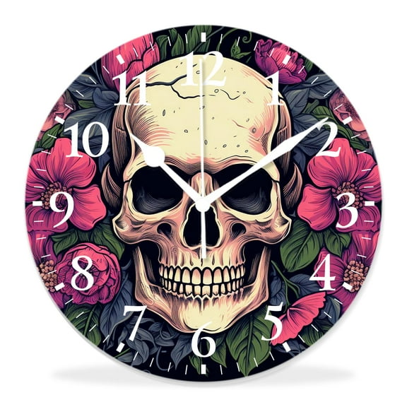 12 Inch Wall Clock Battery Operated Silent Clock Decorative for Office, Kitchen, Outdoor, Living RoomFloral Print Day of The Dead Skull Boho Chic Image