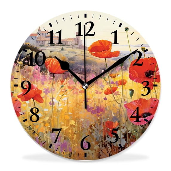 12 Inch Wall Clock Battery Operated Silent Clock Decorative for Office, Kitchen, Outdoor, Living Room，Flower Colorful Field Poppies Bloom Flowers Lavender Design