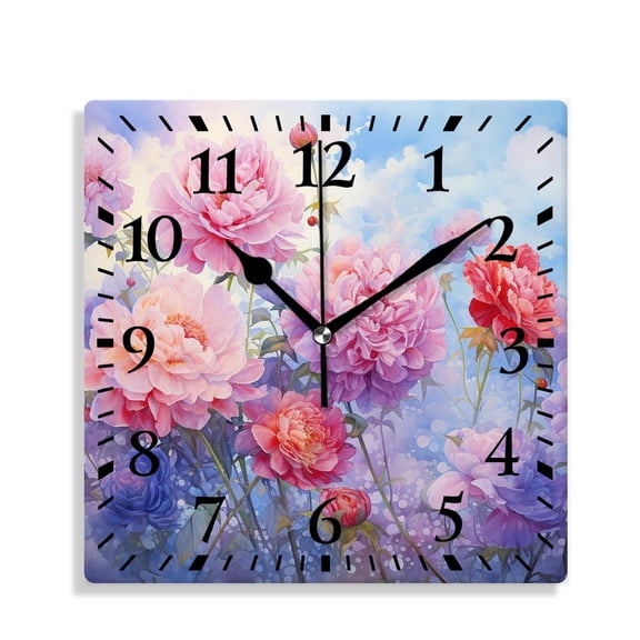 12 Inch Wall Clock Battery Operated Silent Clock Decorative for Office, Kitchen, Outdoor, Living RoomFlower Paint of Nature Elements Botanic Floral Motives Isan Art