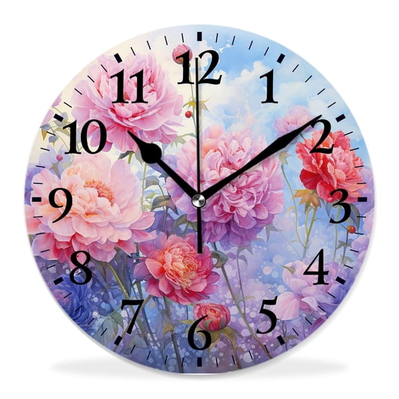 12 Inch Wall Clock Battery Operated Silent Clock Decorative for Office, Kitchen, Outdoor, Living RoomFlower Paint of Nature Elements Botanic Floral Motives Isan Art