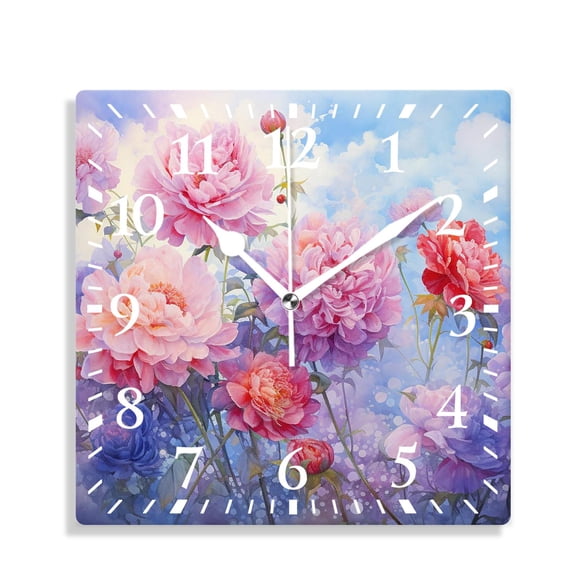 12 Inch Wall Clock Battery Operated Silent Clock Decorative for Office, Kitchen, Outdoor, Living RoomFlower Paint of Nature Elements Botanic Floral Motives Isan Art