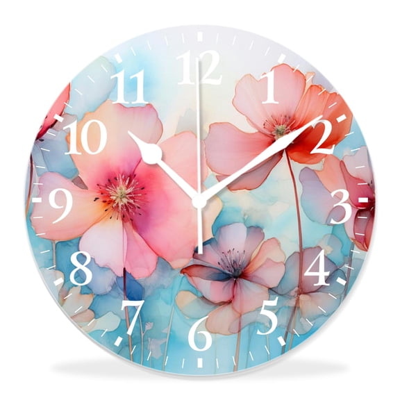 12 Inch Wall Clock Battery Operated Silent Clock Decorative for Office, Kitchen, Outdoor, Living RoomFlower Paint of Nature Elements Botanic Floral Motives Isan Beautiful