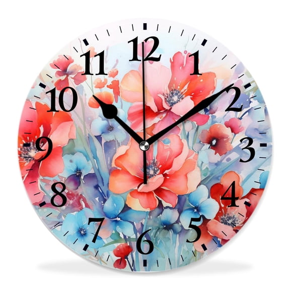 12 Inch Wall Clock Battery Operated Silent Clock Decorative for Office, Kitchen, Outdoor, Living RoomFlower Paint of Nature Elements Botanic Floral Motives Isan Creative