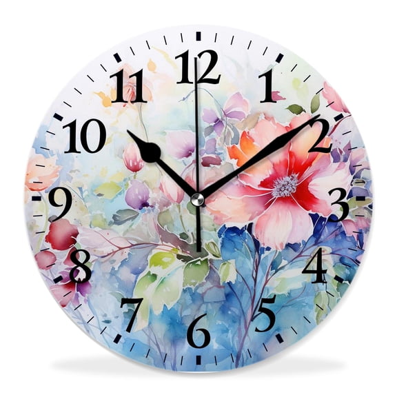 12 Inch Wall Clock Battery Operated Silent Clock Decorative for Office, Kitchen, Outdoor, Living RoomFlower Paint of Nature Elements Botanic Floral Motives Isan Style