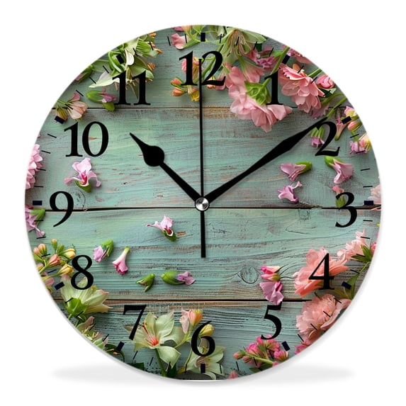12 Inch Wall Clock Battery Operated Silent Clock Decorative for Office, Kitchen, Outdoor, Living Room,Flowers Frame on White Wooden Background Amazing