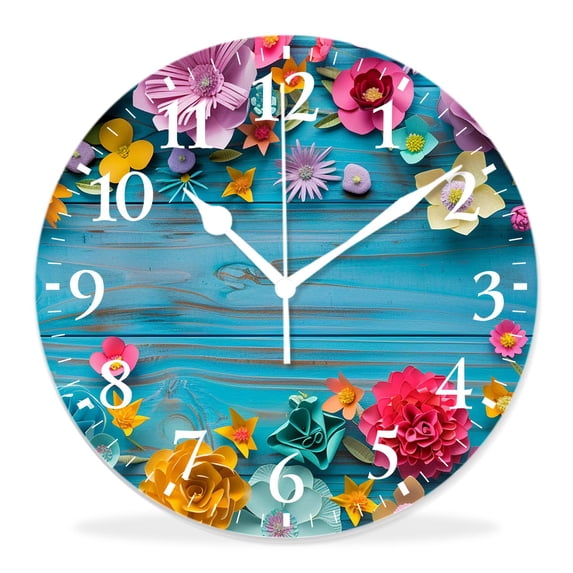 12 Inch Wall Clock Battery Operated Silent Clock Decorative for Office, Kitchen, Outdoor, Living Room,Flowers Frame on White Wooden Background Creative