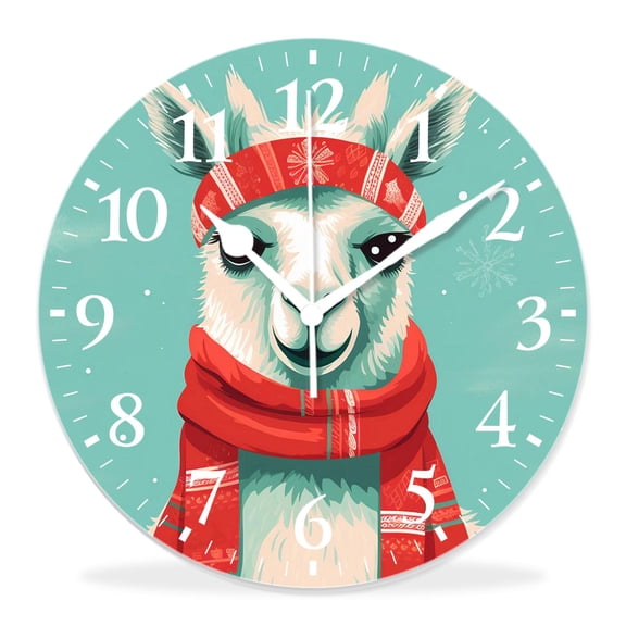 12 Inch Wall Clock Battery Operated Silent Clock Decorative for Office, Kitchen, Outdoor, Living RoomFunny Alpaca Lama with Scarf on Blue Cartoon Character Animal Llama Picture