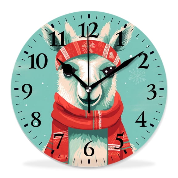 12 Inch Wall Clock Battery Operated Silent Clock Decorative for Office, Kitchen, Outdoor, Living RoomFunny Alpaca Lama with Scarf on Blue Cartoon Character Animal Llama Picture