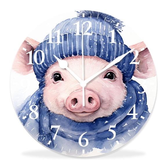 12 Inch Wall Clock Battery Operated Silent Clock Decorative for Office, Kitchen, Outdoor, Living RoomFunny Beautiful Pig in Blue Hat Scarf on White Pattern