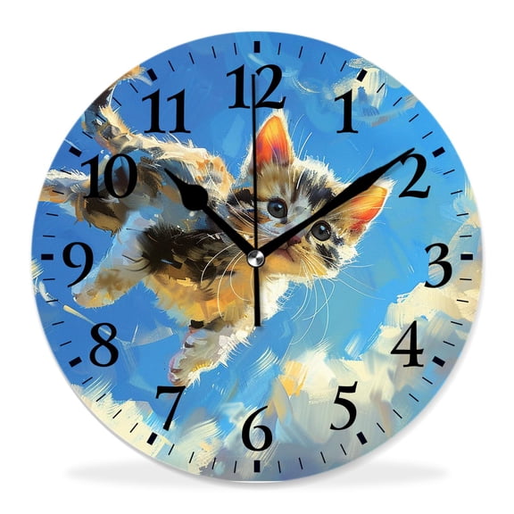 12 Inch Wall Clock Battery Operated Silent Clock Decorative for Office, Kitchen, Outdoor, Living RoomFunny Fat Cat Flying in Clouds Blue Sky Charming