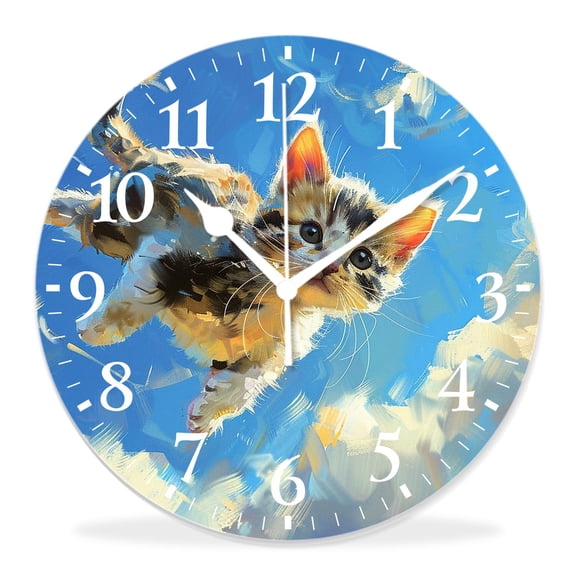 12 Inch Wall Clock Battery Operated Silent Clock Decorative for Office, Kitchen, Outdoor, Living RoomFunny Fat Cat Flying in Clouds Blue Sky Charming