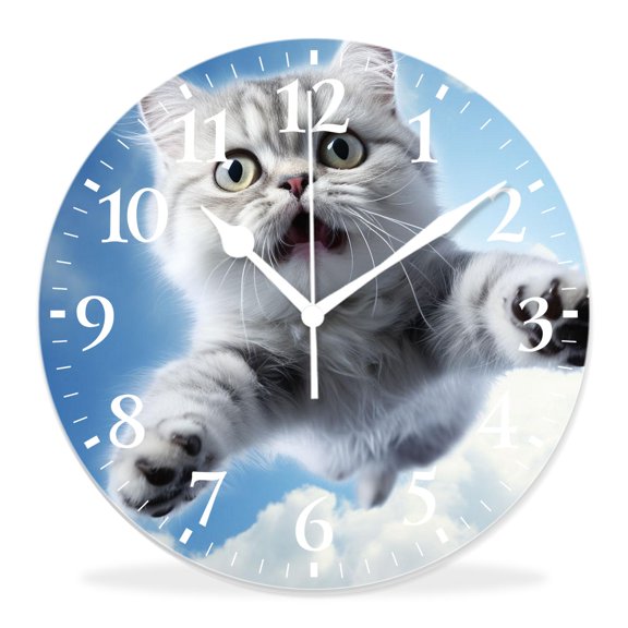 12 Inch Wall Clock Battery Operated Silent Clock Decorative for Office, Kitchen, Outdoor, Living RoomFunny Fat Cat Flying in White Clouds Blue Sky Lovely