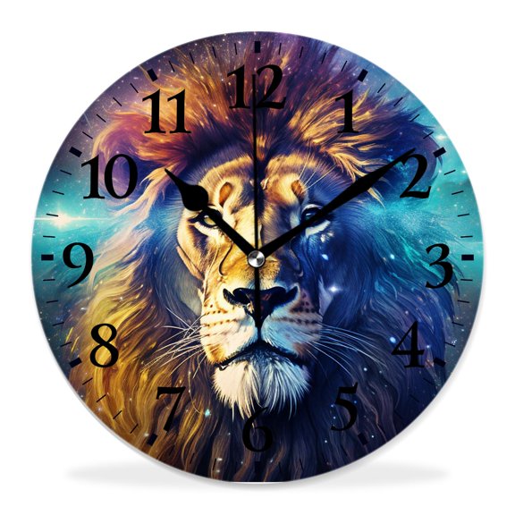 12 Inch Wall Clock Battery Operated Silent Clock Decorative for Office, Kitchen, Outdoor, Living RoomGalaxy Lion Animal in Colorful Nebula Outer Space Universe Adorable