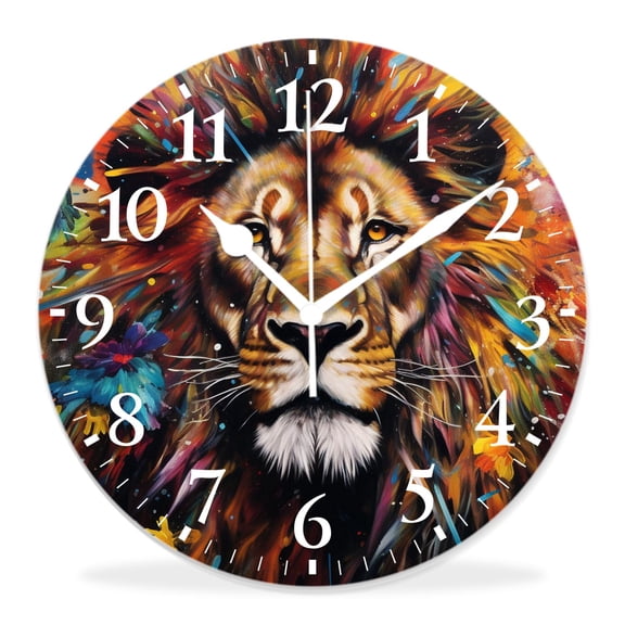 12 Inch Wall Clock Battery Operated Silent Clock Decorative for Office, Kitchen, Outdoor, Living RoomGalaxy Lion Animal in Colorful Nebula Outer Space Universe Style