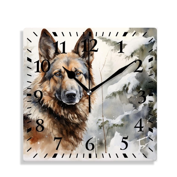 12 Inch Wall Clock Battery Operated Silent Clock Decorative for Office, Kitchen, Outdoor, Living RoomGerman Shepherd in Watercolor Green forest Picture