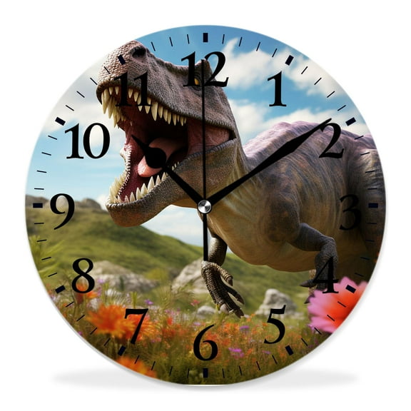12 Inch Wall Clock Battery Operated Silent Clock Decorative for Office, Kitchen, Outdoor, Living RoomGiant Dinosaurs Destroying The Park Lovely Drawing