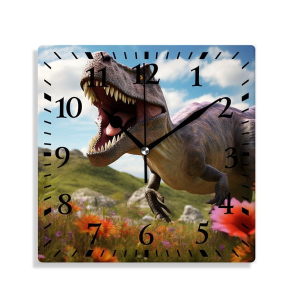 12 Inch Wall Clock Battery Operated Silent Clock Decorative for Office, Kitchen, Outdoor, Living RoomGiant Dinosaurs Destroying The Park Lovely Drawing