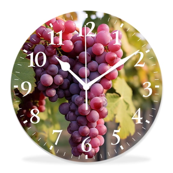 12 Inch Wall Clock Battery Operated Silent Clock Decorative for Office, Kitchen, Outdoor, Living RoomGrape Bunch of Wine Fruits Blurred Backdrop Country Vineyard View Adorable