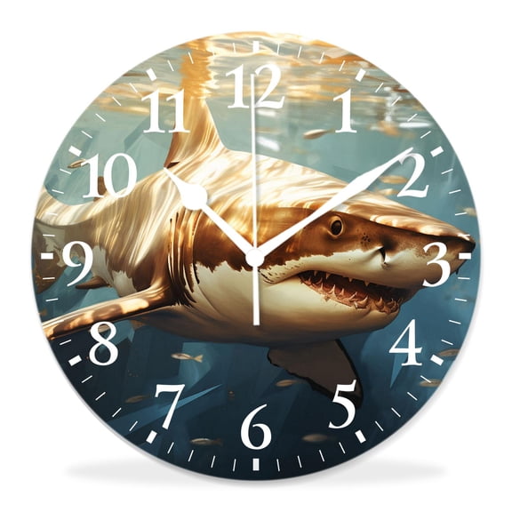 12 Inch Wall Clock Battery Operated Silent Clock Decorative for Office, Kitchen, Outdoor, Living RoomGreat White Shark Swimming Underwater Graceful Pattern