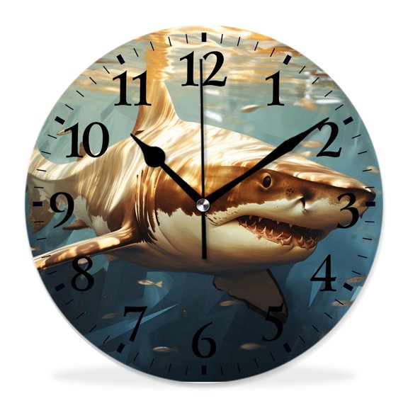 12 Inch Wall Clock Battery Operated Silent Clock Decorative for Office, Kitchen, Outdoor, Living RoomGreat White Shark Swimming Underwater Graceful Pattern