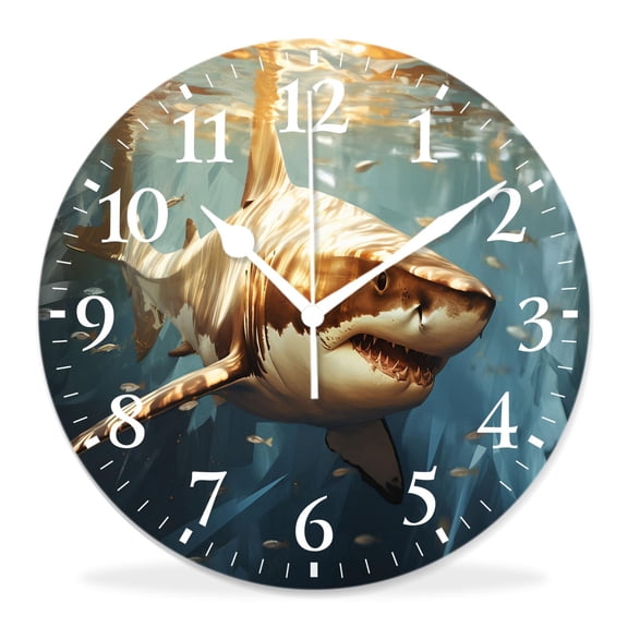 12 Inch Wall Clock Battery Operated Silent Clock Decorative for Office, Kitchen, Outdoor, Living RoomGreat White Shark Swimming Underwater Graceful Pattern