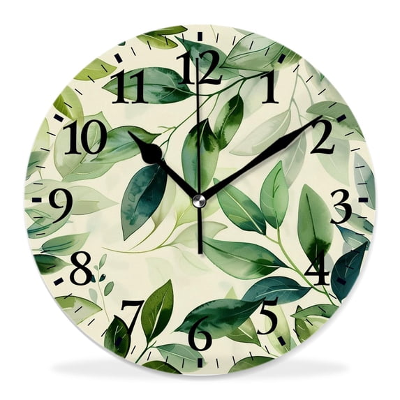 12 Inch Wall Clock Battery Operated Silent Clock Decorative for Office, Kitchen, Outdoor, Living Room,Green Watercolor Effect Branches and Leaves Modern Natural Exquisite