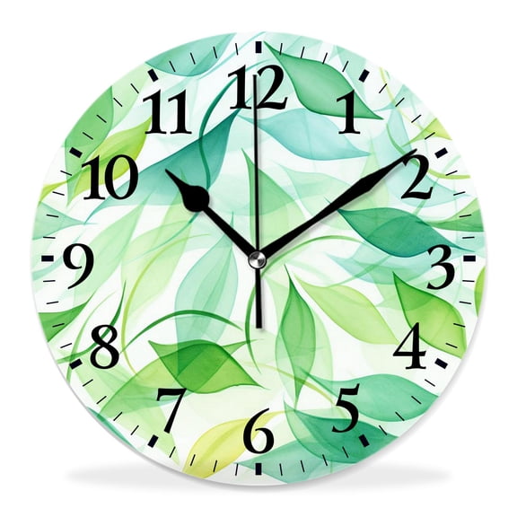 12 Inch Wall Clock Battery Operated Silent Clock Decorative for Office, Kitchen, Outdoor, Living RoomGreen Watercolor Effect Branches and Leaves Modern Natural Image