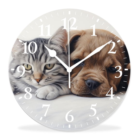 12 Inch Wall Clock Battery Operated Silent Clock Decorative for Office, Kitchen, Outdoor, Living RoomGrey Kitten Cat and Sleeping Dachshund Dog Best Friend on White Picture