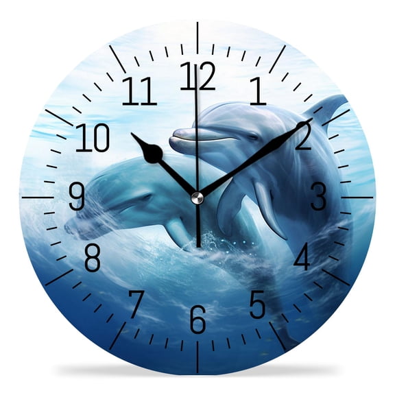 12 Inch Wall Clock Battery Operated Silent Clock Decorative for Office, Kitchen, Outdoor, Living RoomHipster Dolphin Underwater World Blue Multicolor