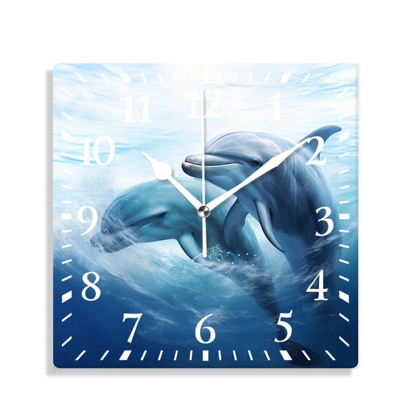 12 Inch Wall Clock Battery Operated Silent Clock Decorative for Office, Kitchen, Outdoor, Living RoomHipster Dolphin Underwater World Blue Multicolor