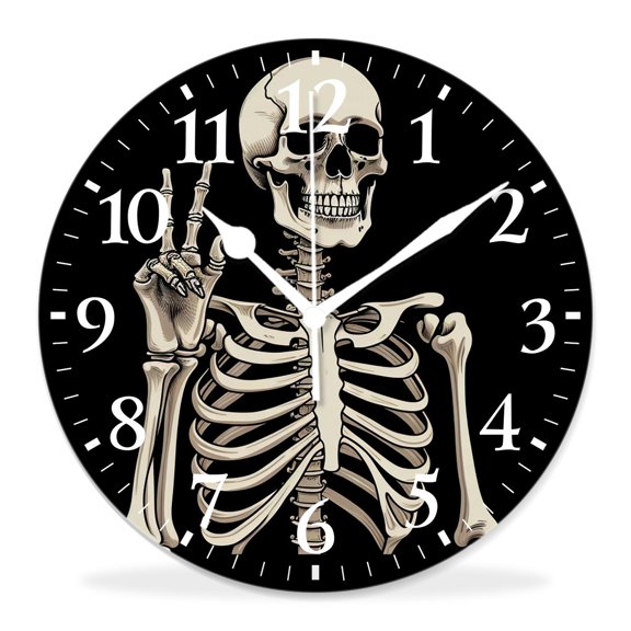 12 Inch Wall Clock Battery Operated Silent Clock Decorative for Office, Kitchen, Outdoor, Living RoomHuman Skeleton Posing Isolated Over Black Background Cute Pattern