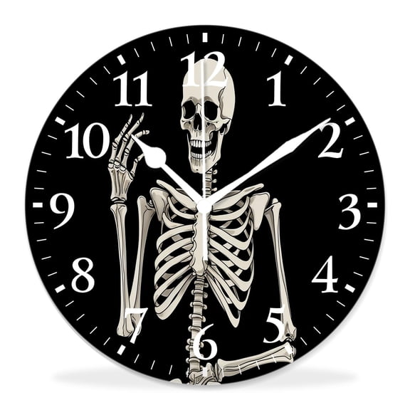 12 Inch Wall Clock Battery Operated Silent Clock Decorative for Office, Kitchen, Outdoor, Living RoomHuman Skeleton Posing Isolated Over Black Background Lovely Art