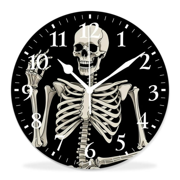 12 Inch Wall Clock Battery Operated Silent Clock Decorative for Office, Kitchen, Outdoor, Living RoomHuman Skeleton Posing Isolated Over Black Background Lovely Art