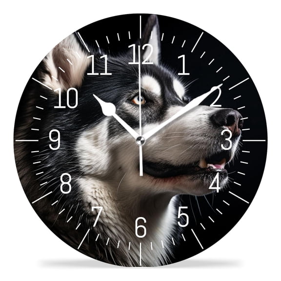 12 Inch Wall Clock Battery Operated Silent Clock Decorative for Office, Kitchen, Outdoor, Living RoomHusky Dog Looking Into Light Source Portrait Exquisite Art