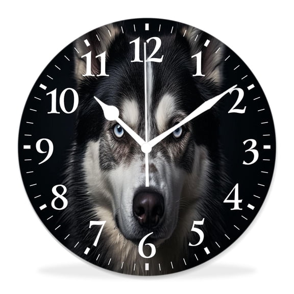 12 Inch Wall Clock Battery Operated Silent Clock Decorative for Office, Kitchen, Outdoor, Living RoomHusky Dog Looking into Light Source Portrait Beautiful Drawings
