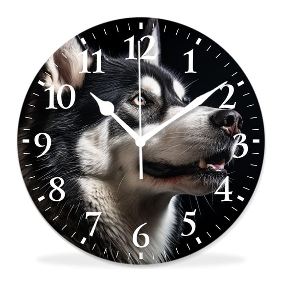 12 Inch Wall Clock Battery Operated Silent Clock Decorative for Office, Kitchen, Outdoor, Living RoomHusky Dog Looking into Light Source Portrait Exquisite Art