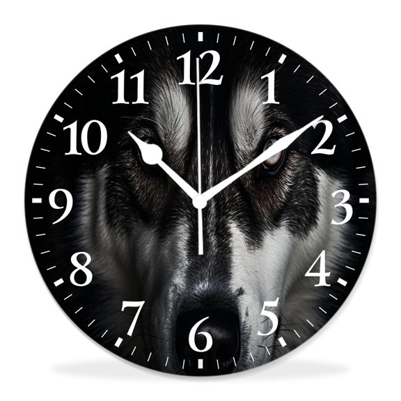 12 Inch Wall Clock Battery Operated Silent Clock Decorative for Office, Kitchen, Outdoor, Living RoomHusky Dog Looking into Light Source Portrait Lovely Pattern