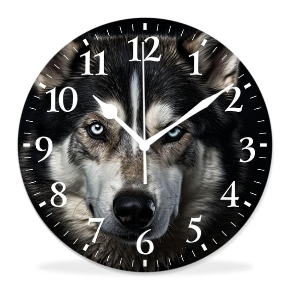 12 Inch Wall Clock Battery Operated Silent Clock Decorative for Office, Kitchen, Outdoor, Living RoomHusky Dog Looking into Light Source Portrait Lovely
