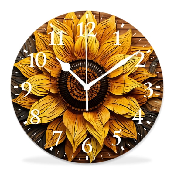 12 Inch Wall Clock Battery Operated Silent Clock Decorative for Office, Kitchen, Outdoor, Living Room,Illustration of Sunflowers and Leaves Exquisite Art