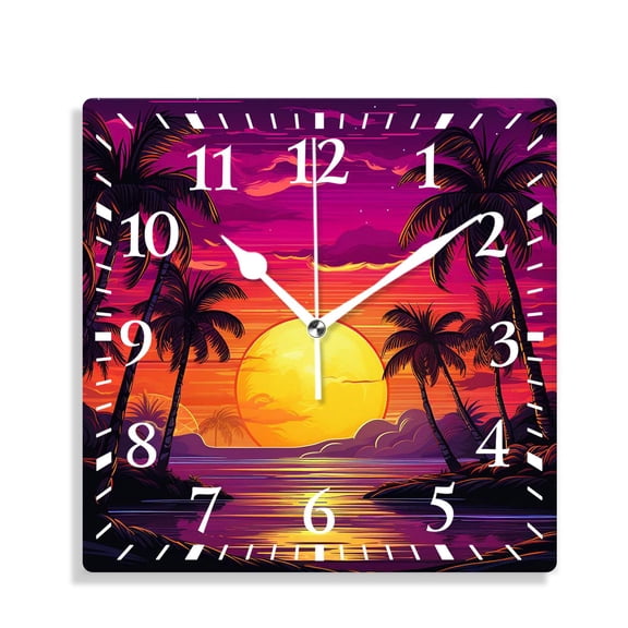 12 Inch Wall Clock Battery Operated Silent Clock Decorative for Office, Kitchen, Outdoor, Living RoomIsland Py Full Moon Sky Above Coconut Palm Trees Beach Design
