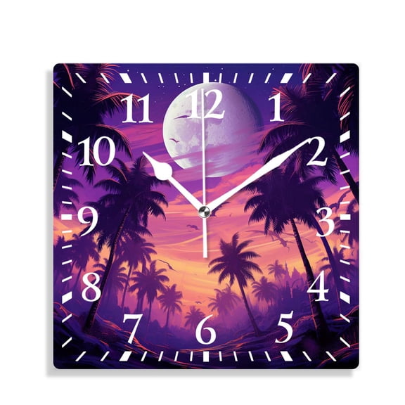 12 Inch Wall Clock Battery Operated Silent Clock Decorative for Office, Kitchen, Outdoor, Living RoomIsland Py Full Moon Sky Above Coconut Palm Trees Beach Print